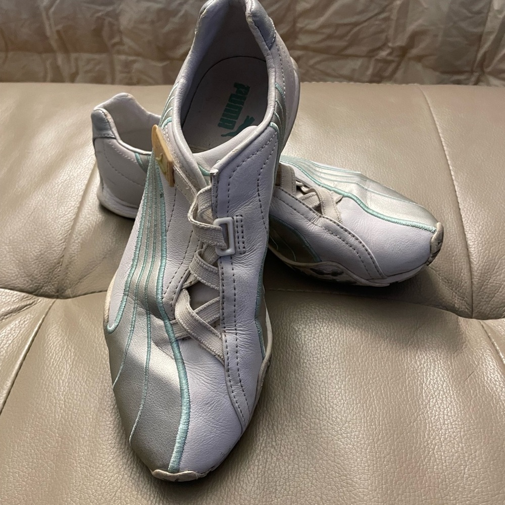 Puma White, Teal, Silver Athletic Shoes with Elastic Lace Fastening